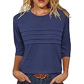 JomeDesign 3/4 Length Sleeve Womens Tops Round Neck Casual Tunic Tops Pleated Shirts Dressy