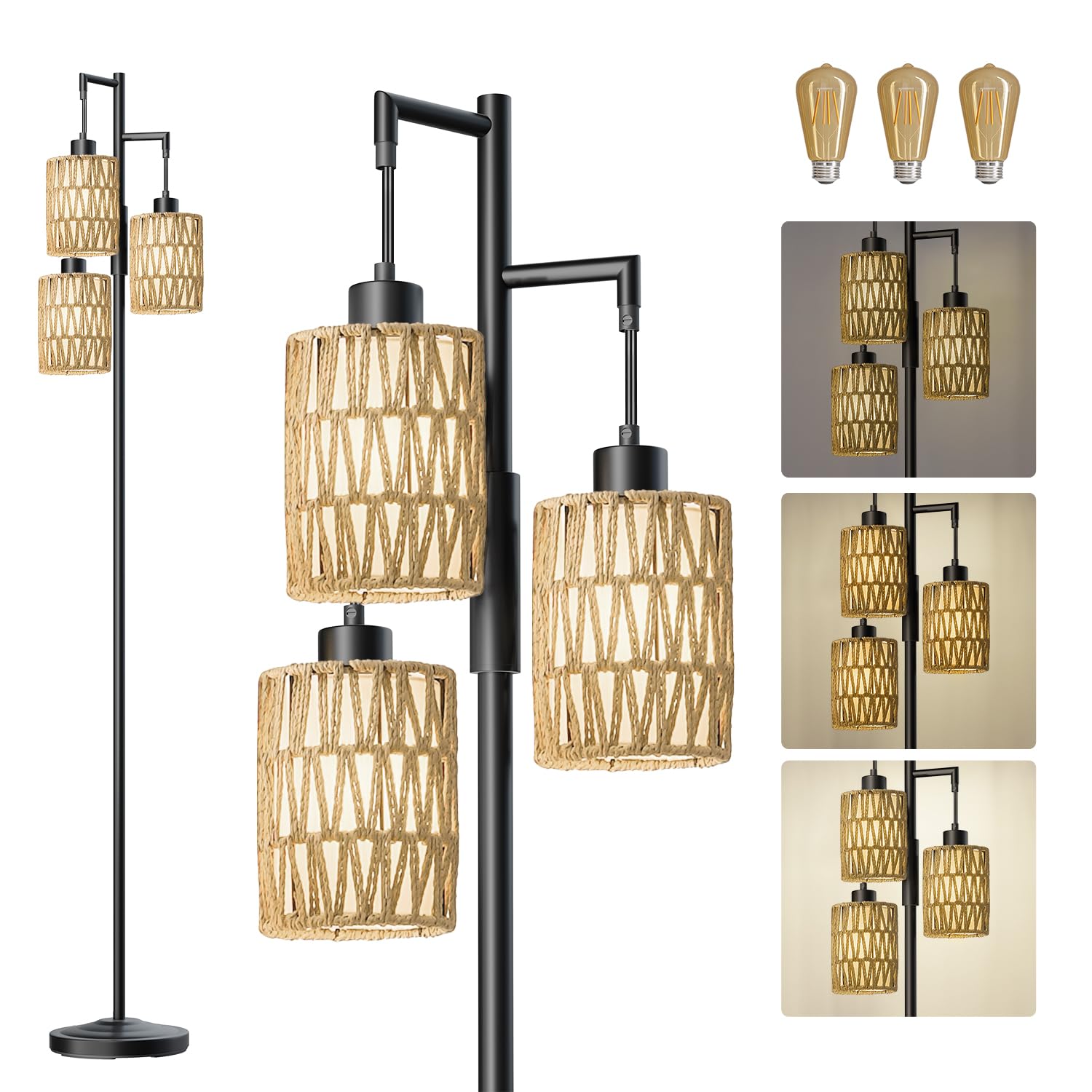 Photo 1 of Oneach 70" Floor Lamps for Living Room, Stepless Dimmable Boho Floor Lamp with 3 Bulbs, Tall Farmhouse Industrial Corner Standing Tree Lamp for Bedroom, Office, Study Room, Rattan with Linen Shade