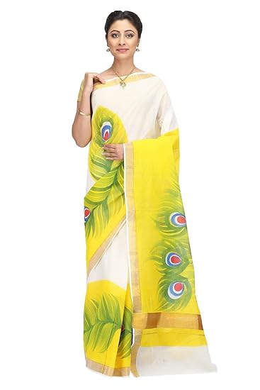 Hand Painted & Handloom Pure Kerala Cotton White Sari (2284)