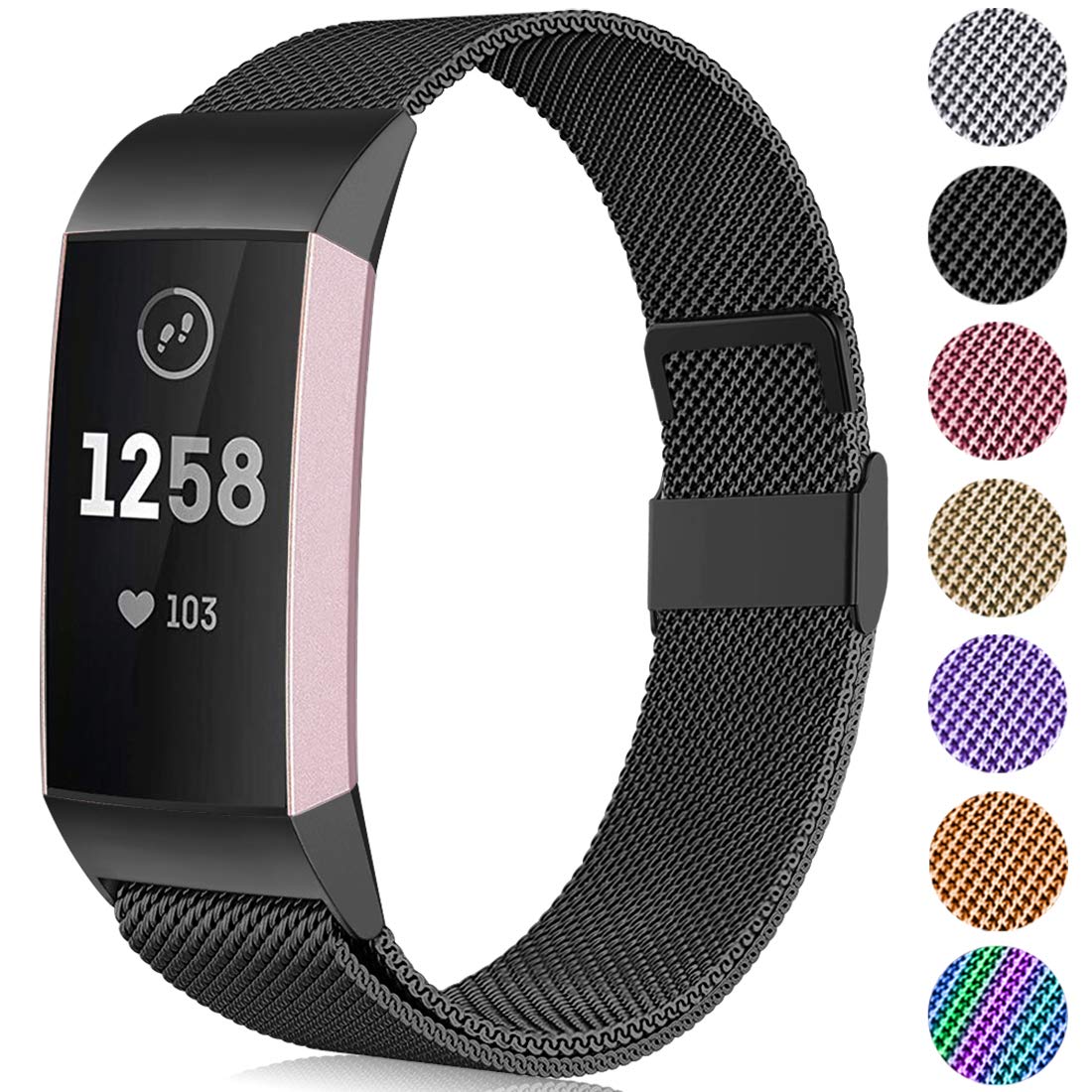 Faliogo Replacement Band Compatible with Fitbit Charge 3 Band/Fitbit Charge 4 Bracelet, Adjustable Stainless Steel Metal Band for Women, Large Black