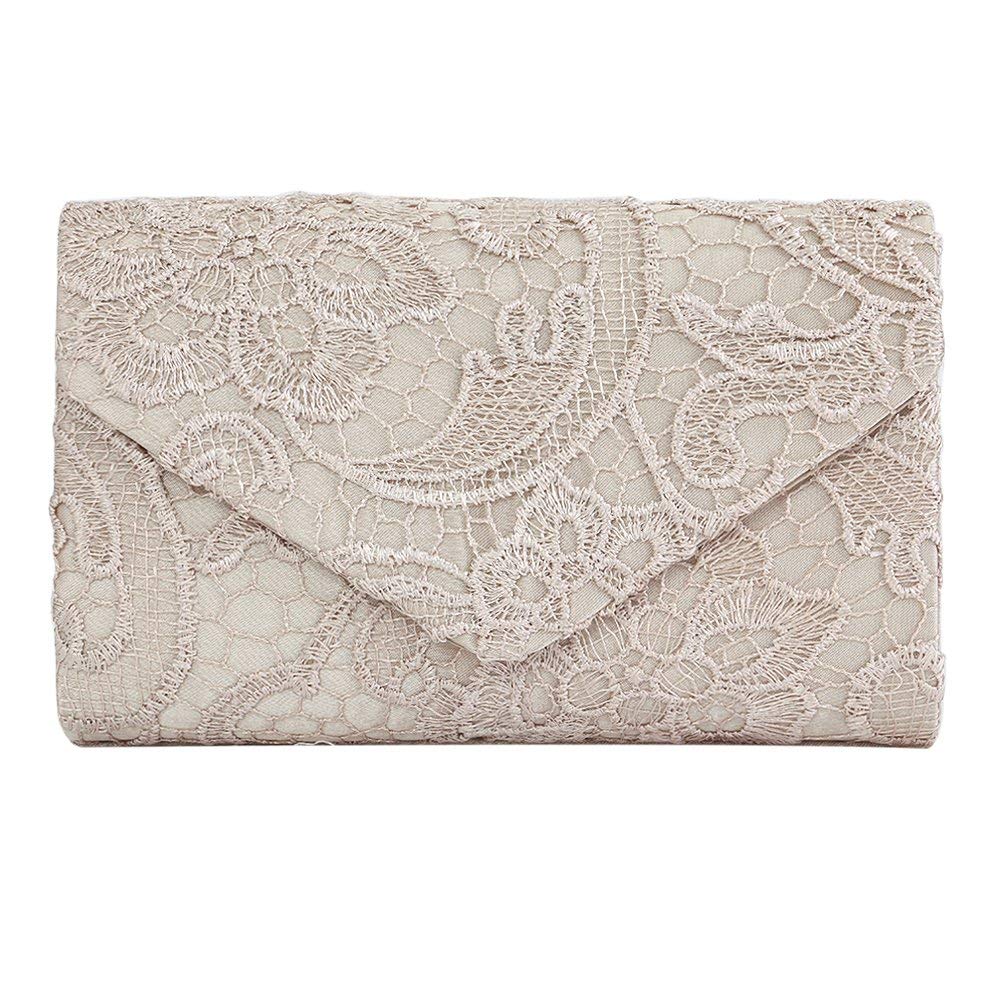 Kaever Women's Satin Lace Clutch Bag Chain Shoulder Elegant Wedding Evening Bag, beige, L