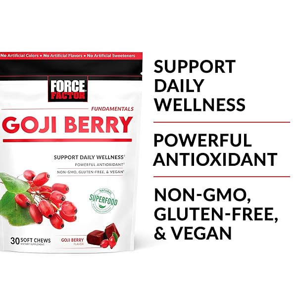 FORCE FACTOR GOJI BERRY SOFT CHEWS SUPERFOOD ANTIOXIDANTS SUPPLEMENT TO SUPPORT HEALTHY EYES AND SKIN, IMMUNE HEALTH, AND INFLAMMATION, NON-GMO, GLUTEN-FREE, & VEGAN, GOJI BERRY FLAVOR, 30 SOFT CHEWS