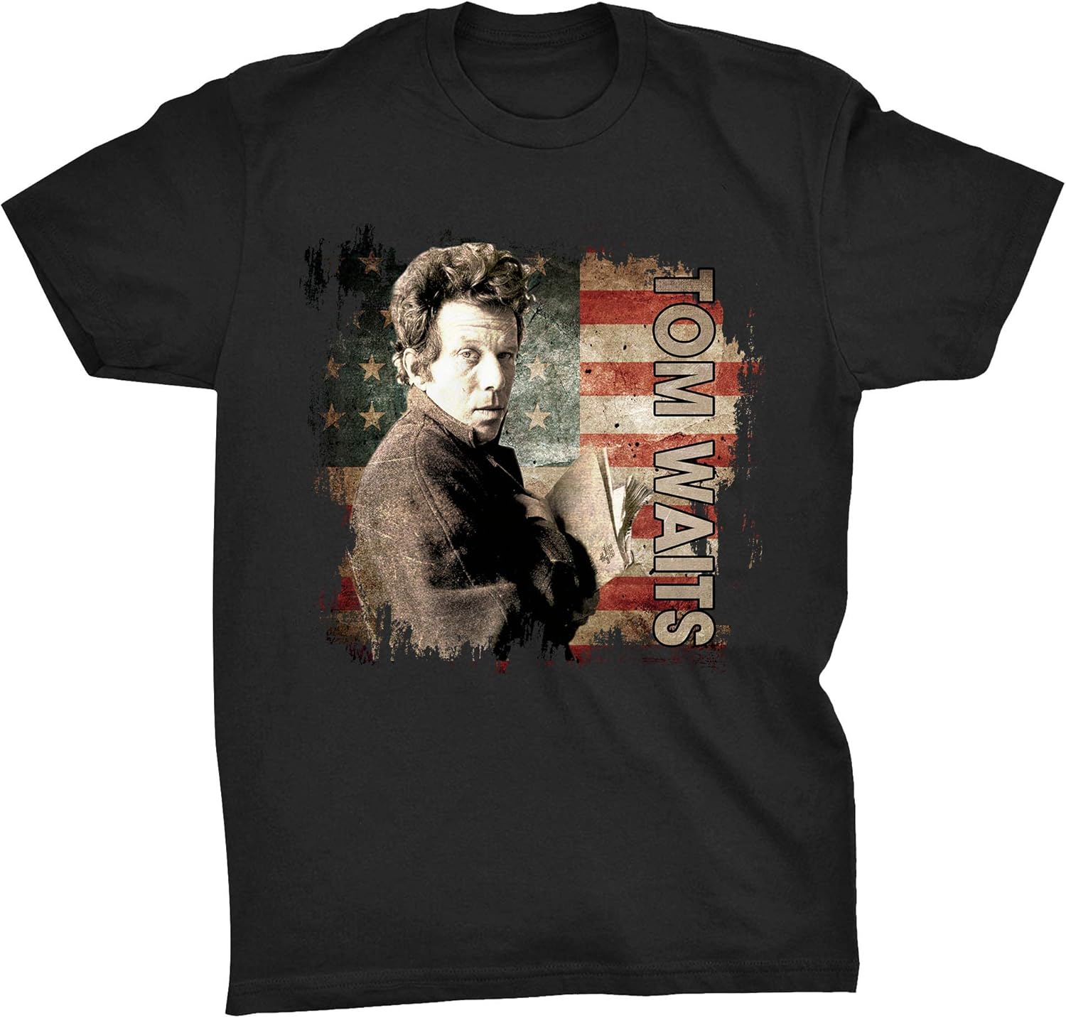 Retro Classic Tom Waits T Shirts Flag American (Black, S) Clothing