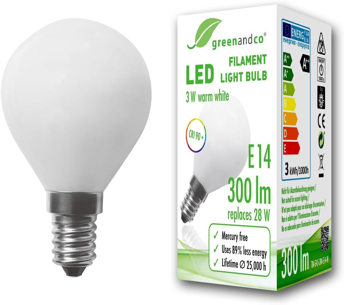 greenandco® CRI 90+ E14 G45 Globe LED Filament Bulb Frosted 3W Replaces 28W 300lm 2700K Warm White 360° 230V, no Flicker, not dimmable
