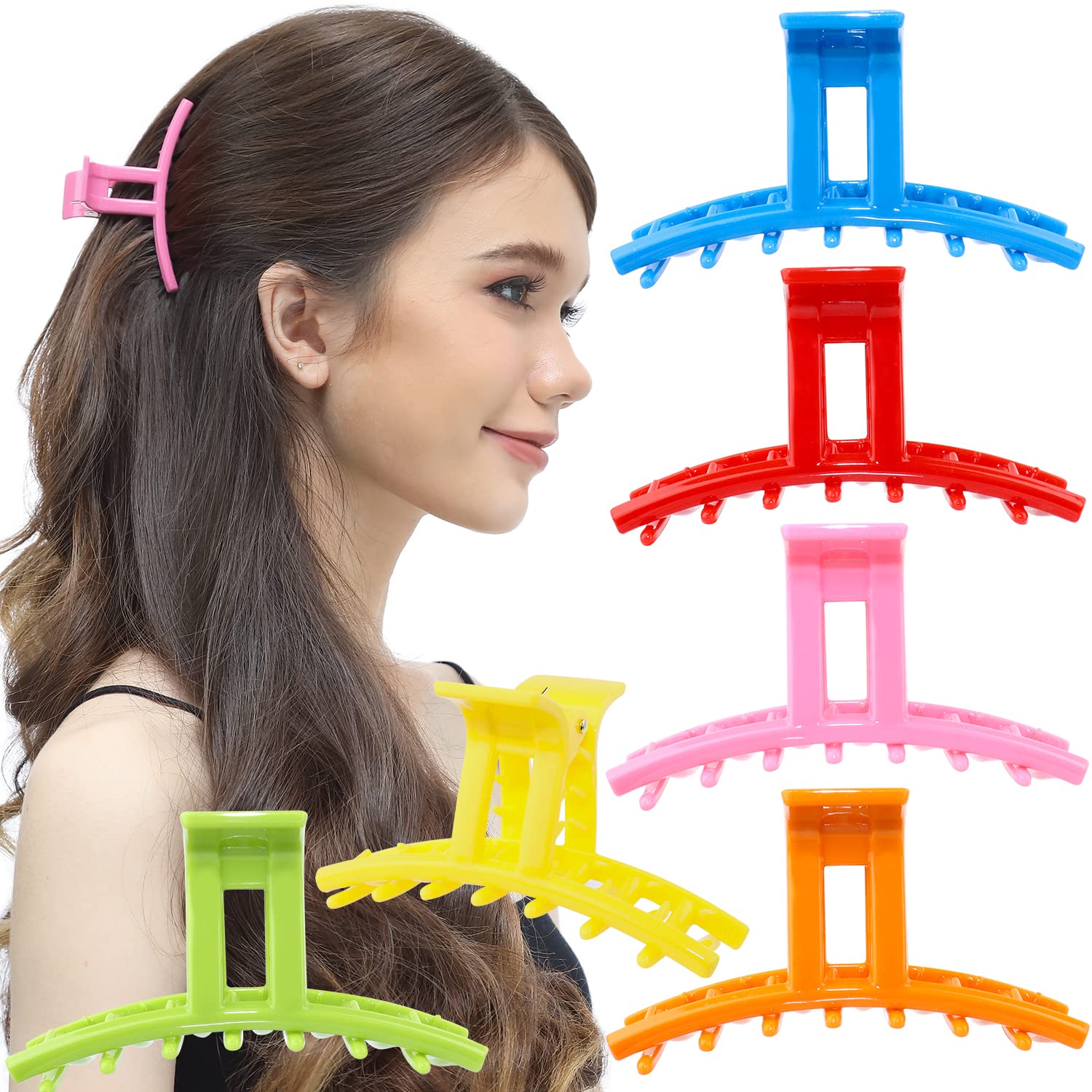 RC ROCHE ORNAMENT 6 Pcs Womens Strong Hold Claw Thick Hair Clip No Slip Grip Strong Spring Teeth Claw Jaw Clamp Beauty Fashion Ladies Classic Plastic Clips, Medium Rainbow Multicolor