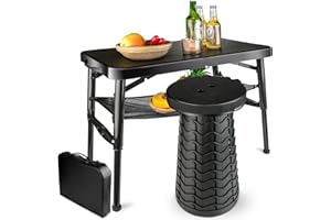 maliven Portable Folding Table and Stool Set, Lightweight Foldable Table & Collapsible Stool for Camping Picnic Beach Fishing, Sturdy Small Outdoor Table with Mesh Layer Storage