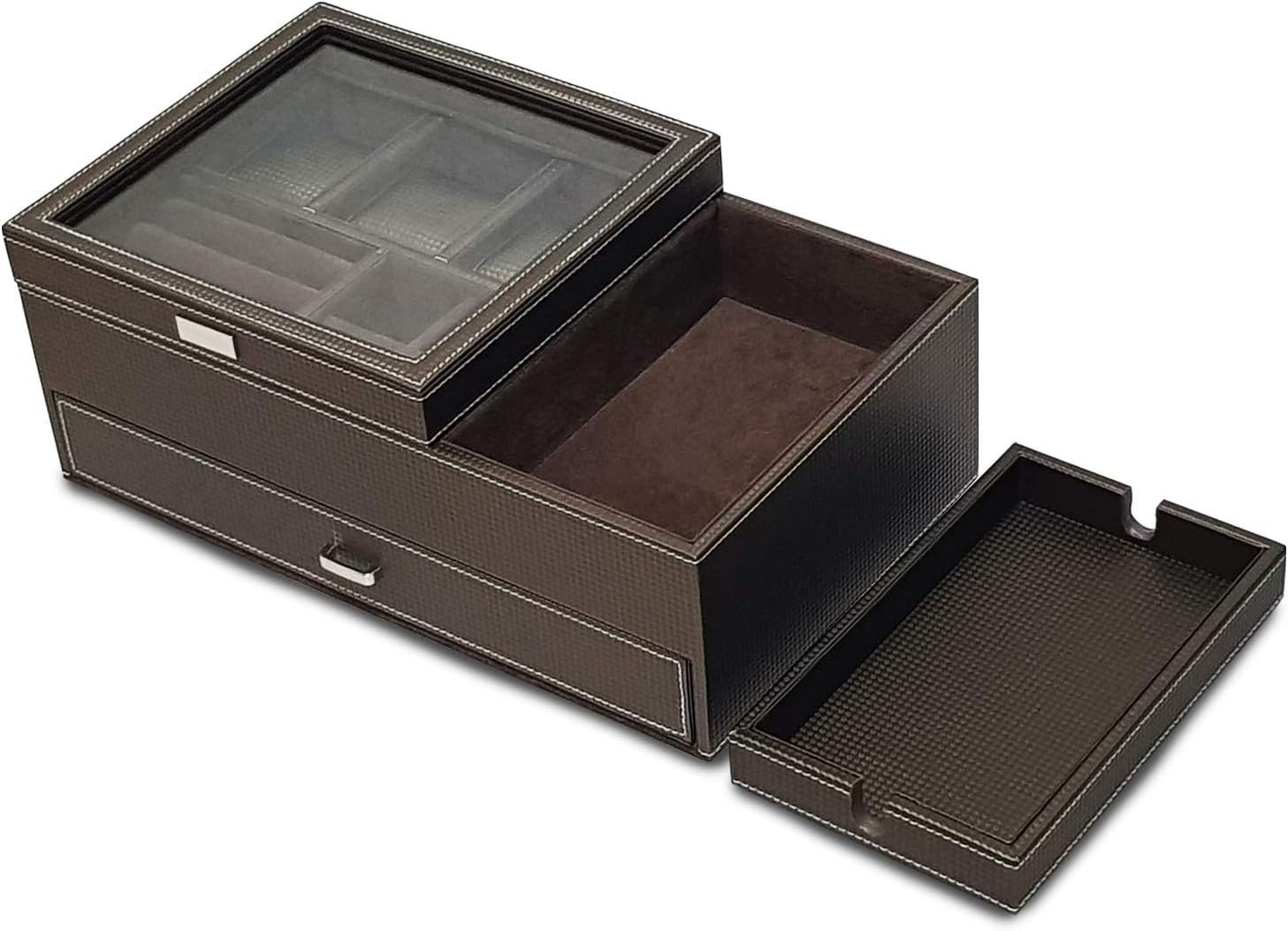 Amiglo Mens Dresser Valet Organizer with Charging Station, Nightstand Drawer Tray, Jewelry Accessories Watches Box, Carbon Fiber Design, PU Leather (Gold Brown): Home Improvement