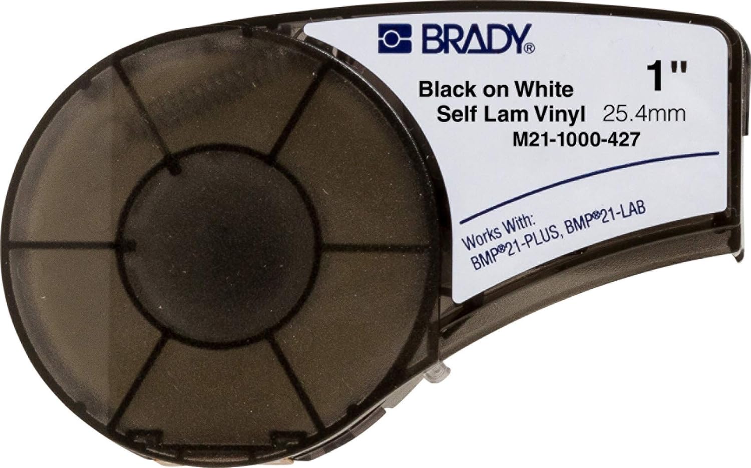 Brady Self-Laminating Vinyl Label Tape (M21-1000-427) - Black on White, Translucent Tape - Compatible with BMP21-PLUS Label Printer - 14' Length, 1" Width