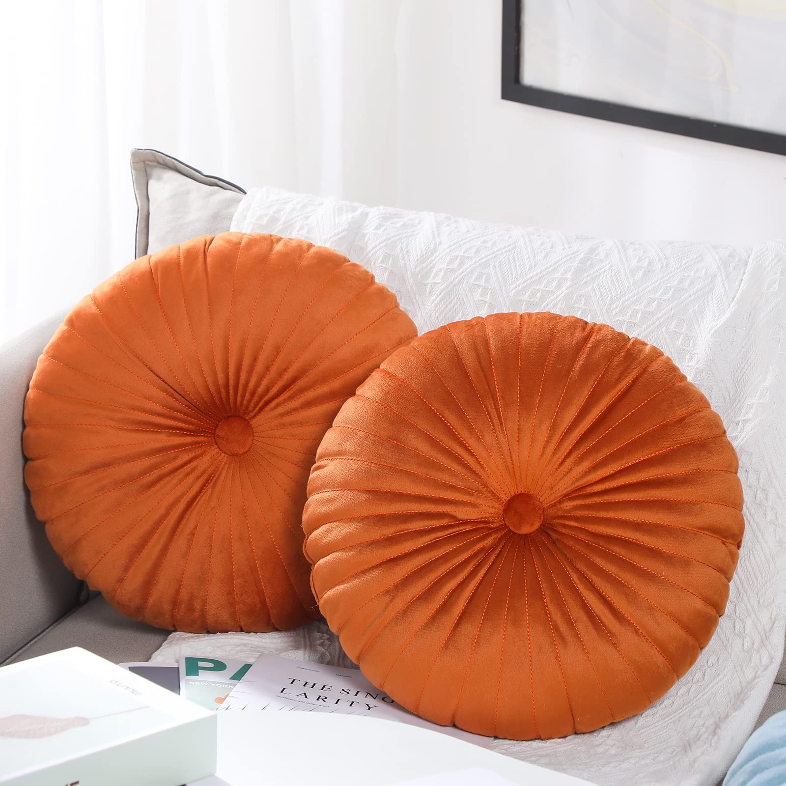 Round Throw Pillow 13.8 Inch Decorative Round Velvet Floor Pillows Small Pumpkin Throw Pillow Cushion for Living Room Sofa Bed (Orange,)