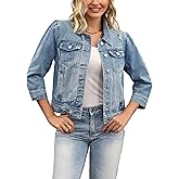 CIMUK Women Cropped Jean Jacket 3/4 Sleeve Button Down Spring Casual Washed Denim Jacket