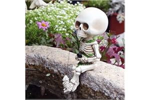 ATLODAS Halloween Fishing Skeleton Garden Accessory, Mini Skeleton Figurines Statue Decor for Fishing Enthusiast Gift Pond Fountain Waterfalls Poolside Gothic Home Office Desk Unique Holiday Ornament (1PCS)