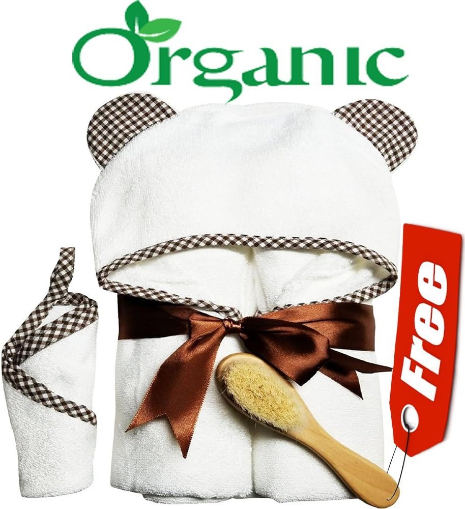 Tender Touch Hooded Baby Towel made from Organic Bamboo โ Baby Towels with Hood and Washcloths Set | FREE Wooden Baby Hair Brush | Large sized, Extra Soft for Baby Boy & Baby Girl