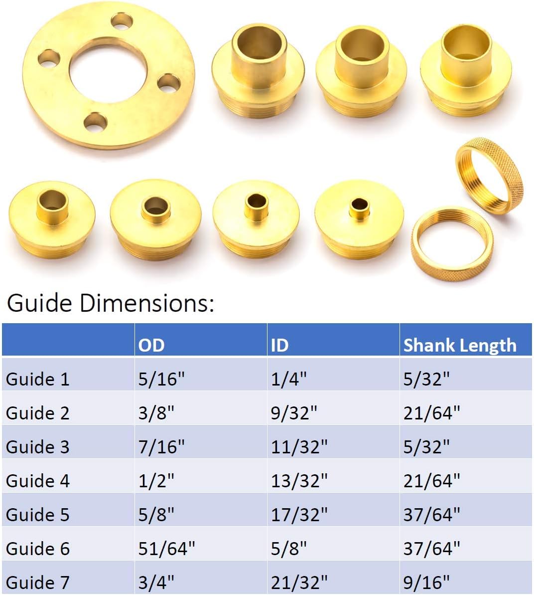 POWERTEC 71220 10 Piece Solid Brass Template Guide Kit with Adaptor | CNC Precision Ground | Router Guide for Templates | Includes 7 Router Guides and 2 Lock Nuts and Adaptor - - 