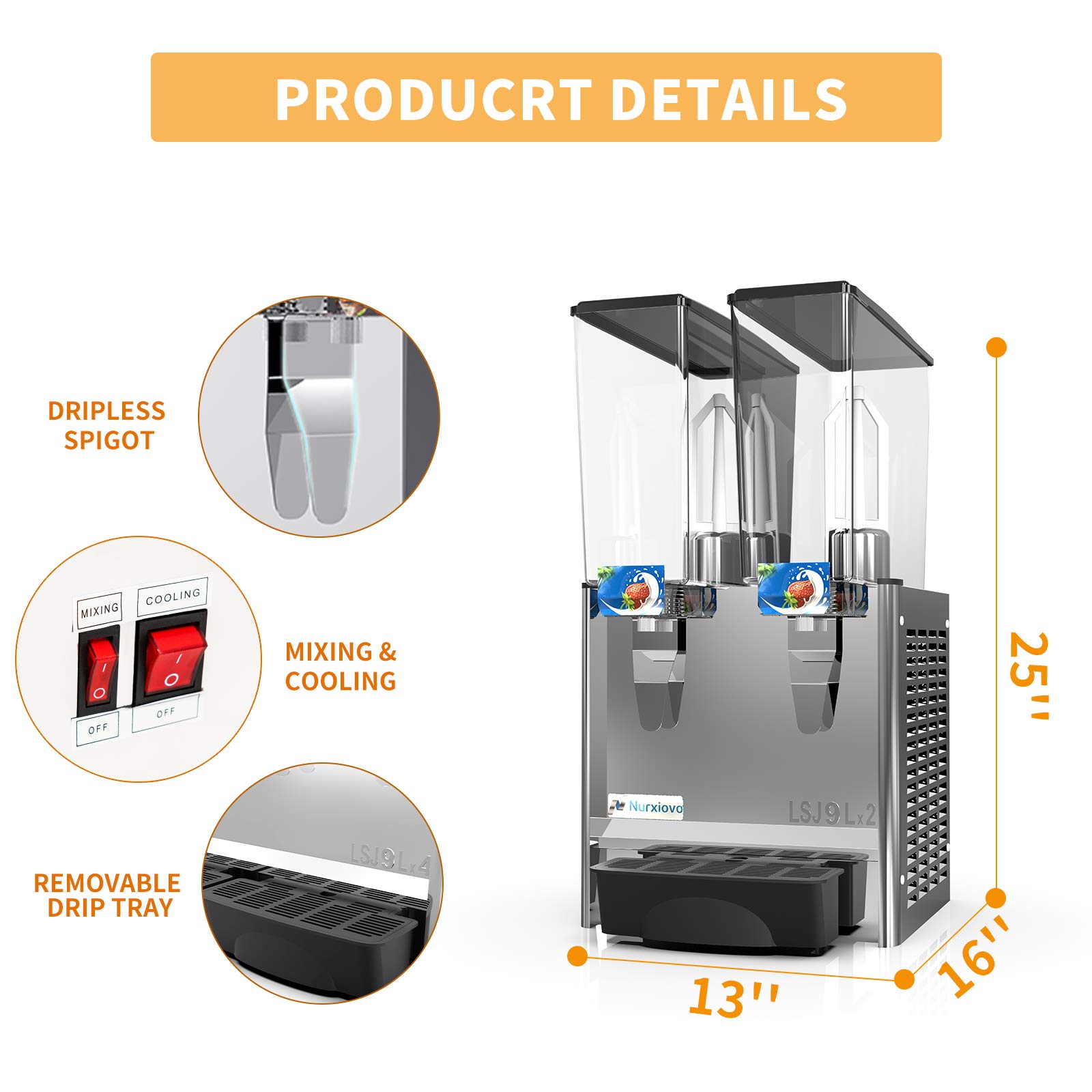 Nurxiovo Commercial Juice Dispenser 2 Tanks 4.7 Gallon juice ice beverage Dispenser Equipped