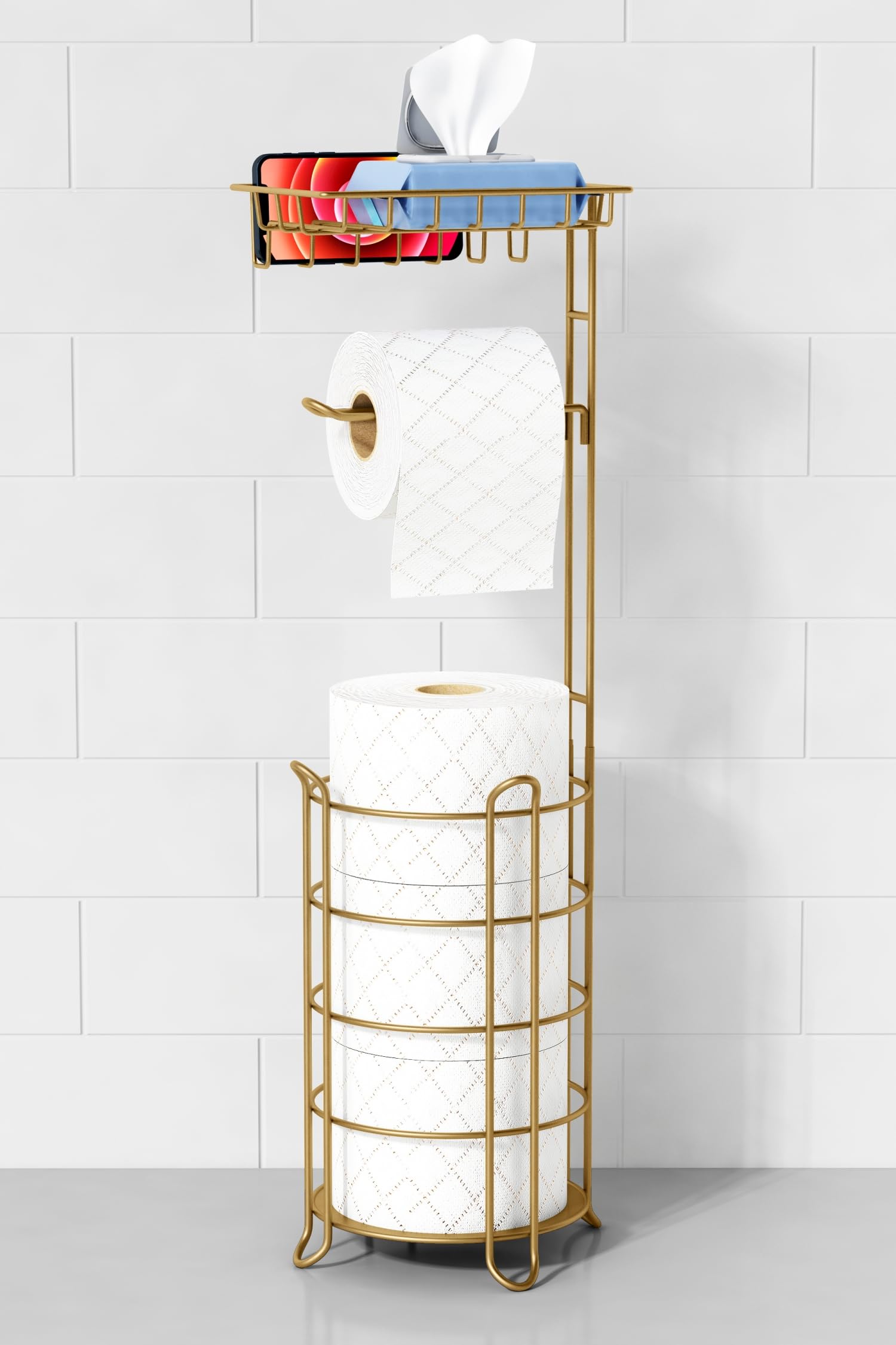 Photo 1 of Goozii Gold Free Standing Toilet Paper Holder Stand with Phone Shelf, Floor Bathroom Tissue Holder for Large Mega Rolls, Metal Freestanding Toilet Paper Roll Holder with Wipes Storage Tray