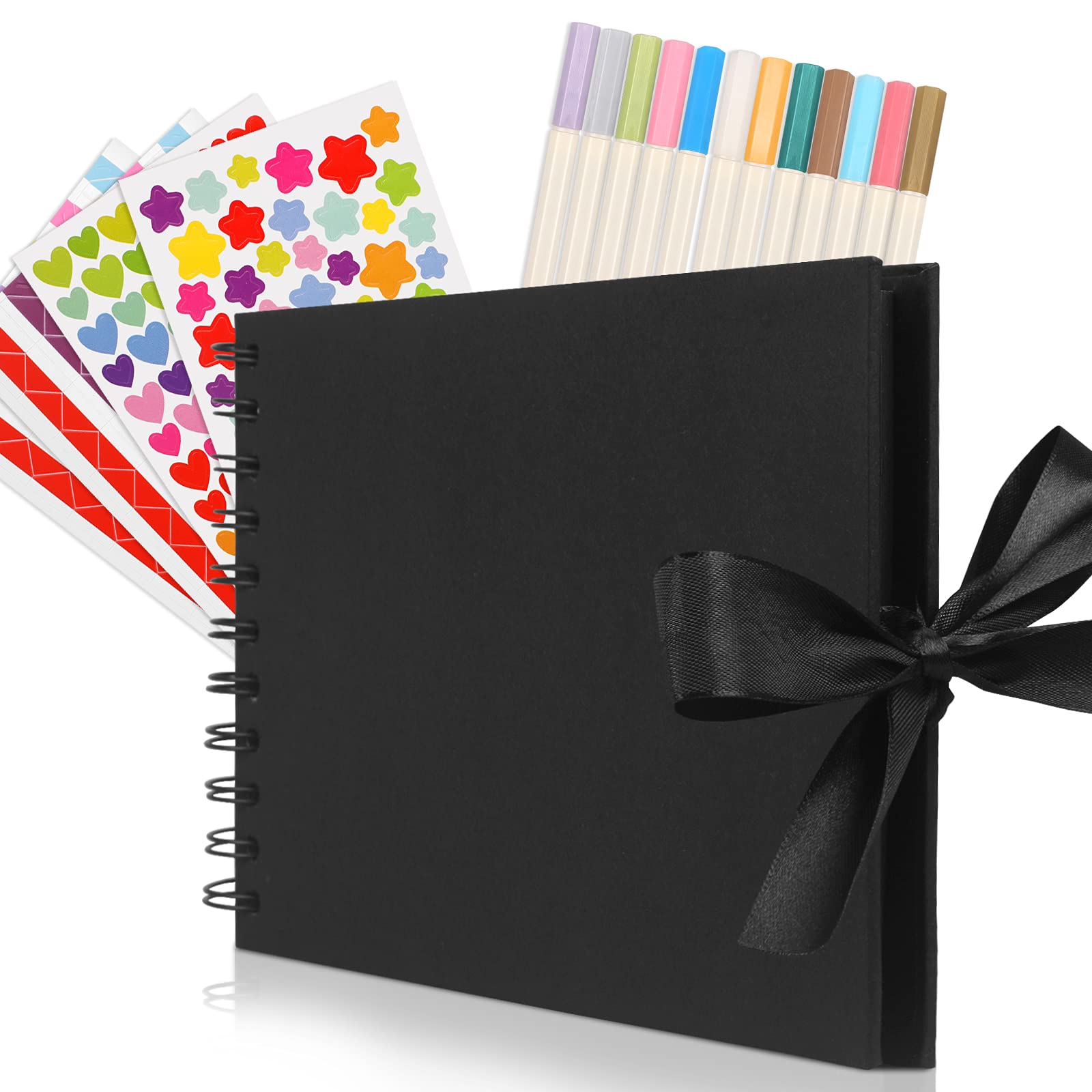 funvce Small Scrap Book, 8.5x6 Inches Black Photo Book with 60 Pages, Ribbon Closure Child Memory Photo Album with 12pcs Marker Pens and Photo Corner, Thick Kraft Paper Guest Book