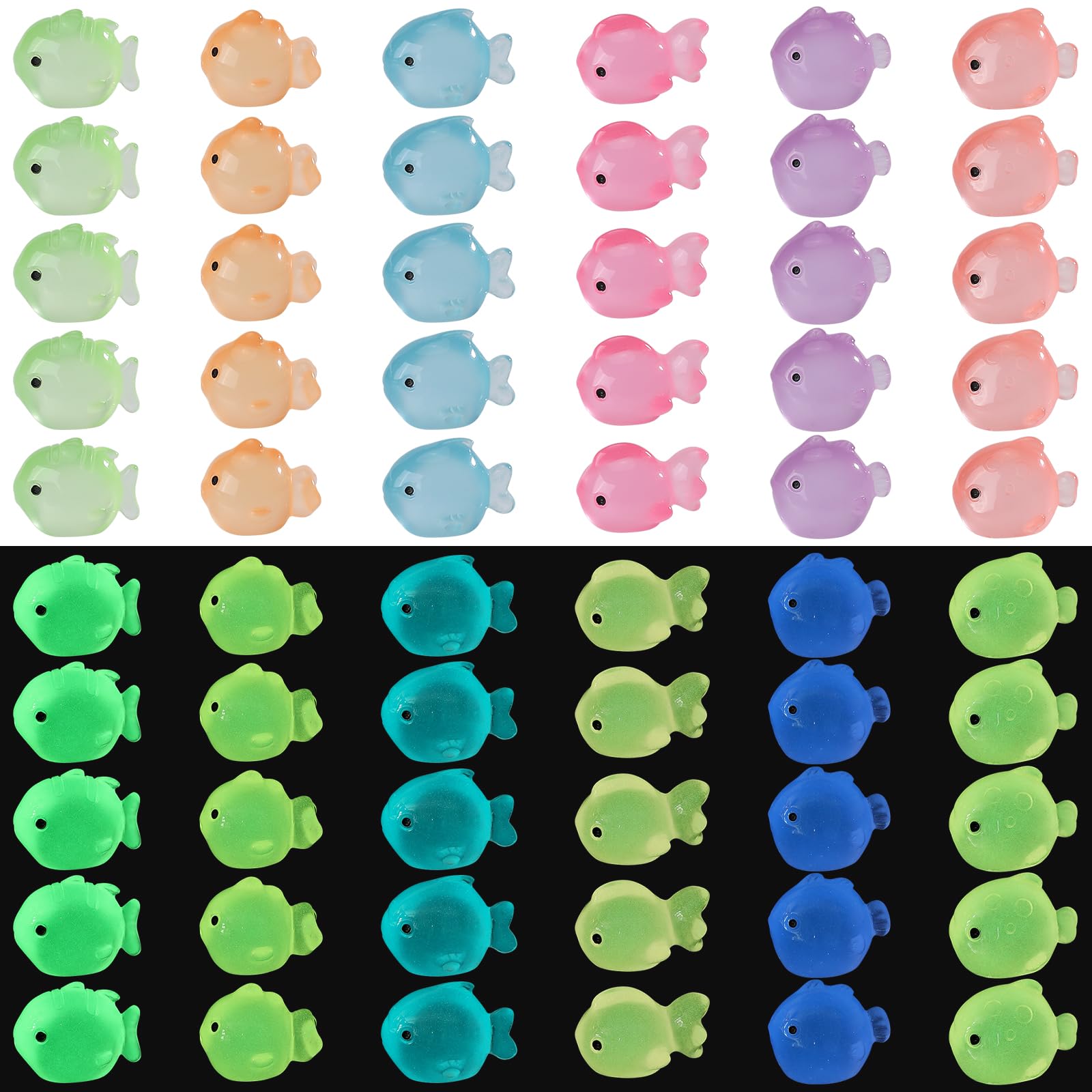 WEWAYSMILE 60pcs Luminous Mini Resin Animals, Tiny Glow in The Dark Animals, Mini Fish, for Patio Home Decor DIY Crafts (6 Colors)