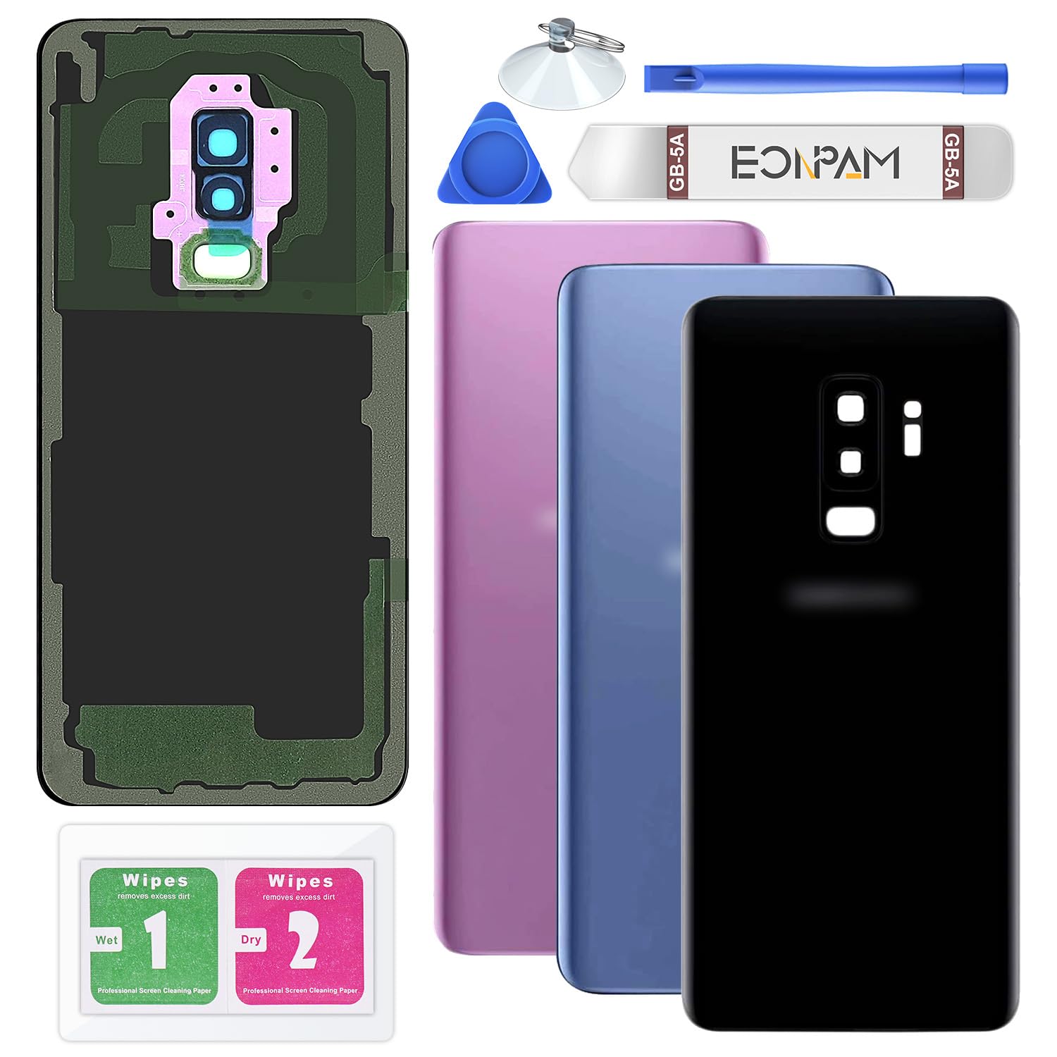 Eonpam Battery Cover Back Glass Replacement for (Samsung Galaxy S9+ Plus) Repair Kit Genuine Rear Housing (Black)