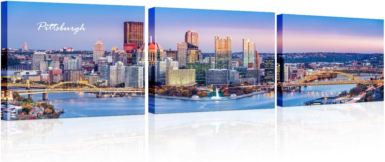 TUMOVO 3 Panels Pittsburgh City Center Skyline Wall Art Prints Modern Pennsylvania Cityscape Pictures HD Print Wall Decor for Living Room Bedroom Office Framed Ready to Hang 12x16 inch x 3