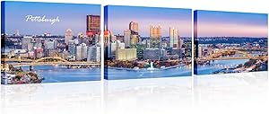TUMOVO 3 Panels Pittsburgh City Center Skyline Wall Art Prints Modern Pennsylvania Cityscape Pictures HD Print Wall Decor for Living Room Bedroom Office Framed Ready to Hang 12x16 inch x 3