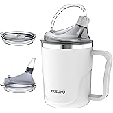 HOSUKU Spill-Proof Cup for Elderly, 13.5oz Stainless Steel Sippy Cup with Straw, Ideal for Seniors and Adults, Great for Water, Milk, and Soup (White), Health & Household Supplies