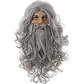 Maripabon Grey Wig and Beard Wizard Costume Wig Accessory, Long Gray Wizard Beard and Wig Set Reusable Fake Beard Sorcerer Party Dress Up for Halloween Cosplay-Braids Style