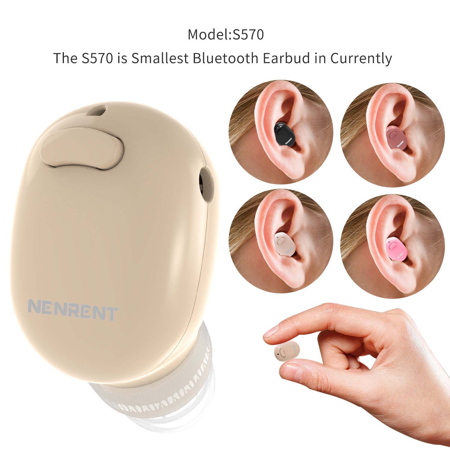 NENRENT S570 Bluetooth Earbud,Smallest Mini Invisible V4.1 Wireless Bluetooth Earpiece Headset Headphone Earphone with Mic Hands-Free Calls for iPhone iPad Samsung Galaxy LG HTC Smartphones 1pcs(Nude)