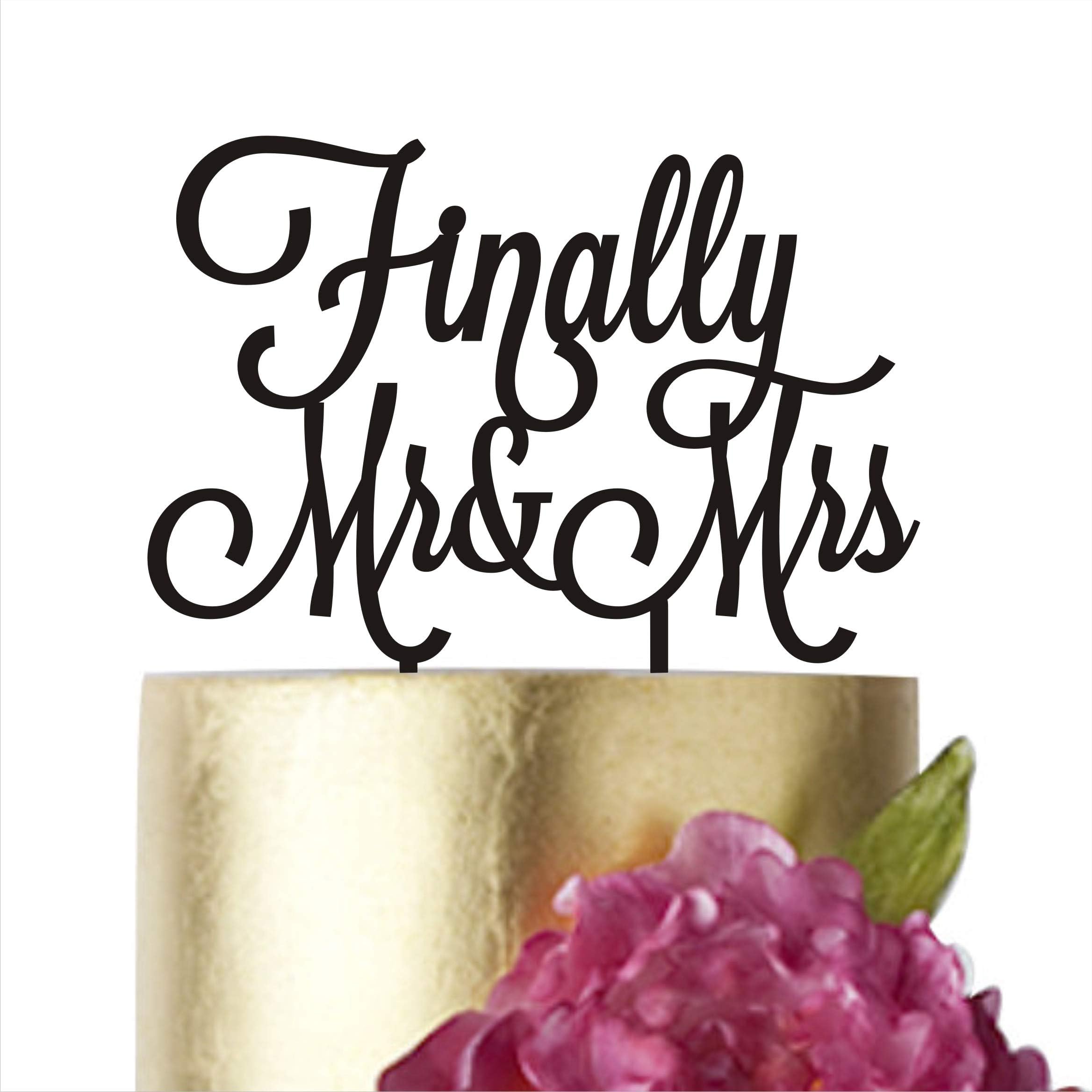 HappyPlywood Finally Mr and Mrs Wedding Cake topper Cake Decorating Supplies Gold Silver Black White Mirror (width 5", gold mirror)