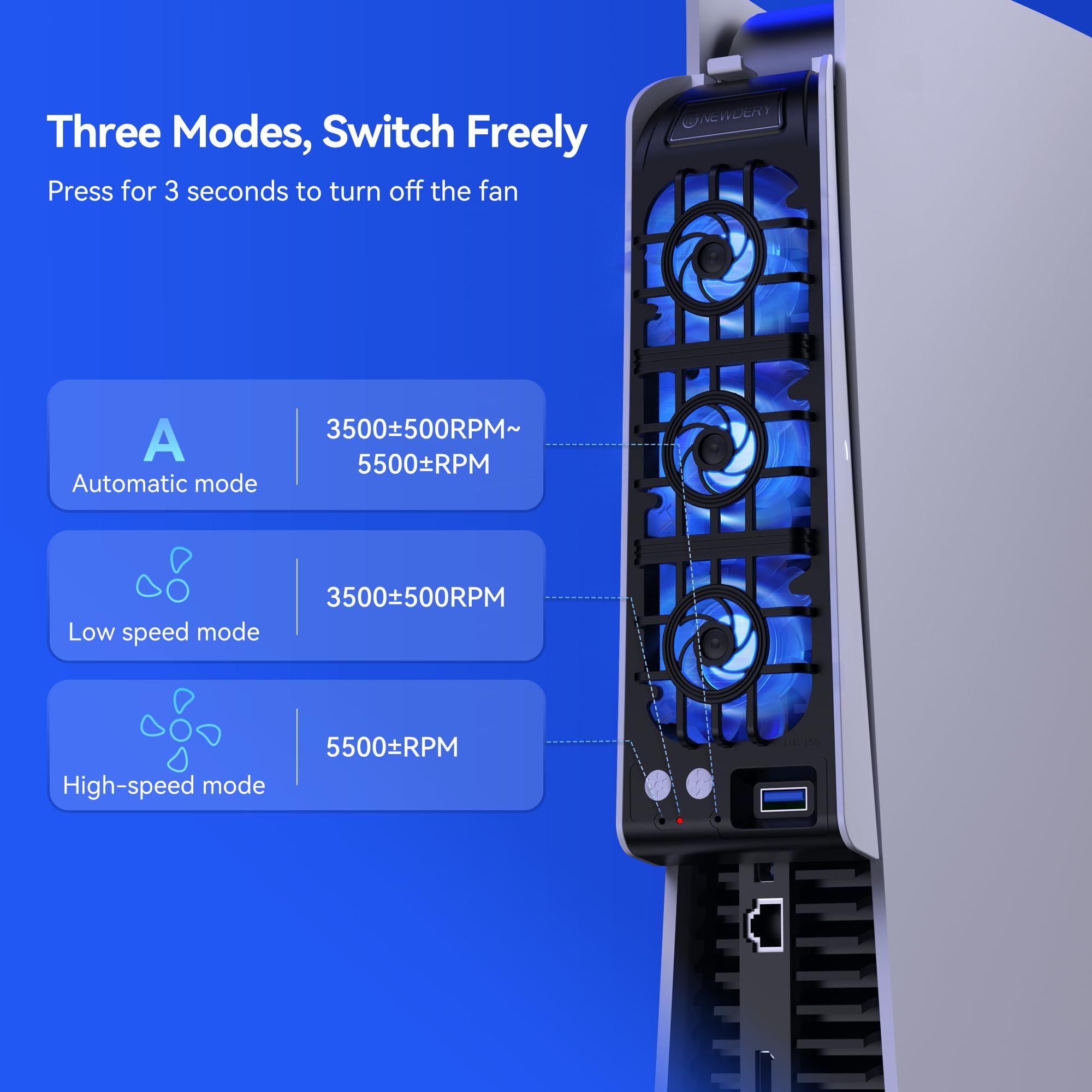 NEWDERY Lüfter für PS5-Zubehör, Verbesserter Leiser Lüfter, Automatische Temperaturangepasste Drehzahl, Dynamische RGB-Beleuchtung, Passend für PlayStation 5, Nicht für PS5 Slim/Pro 4