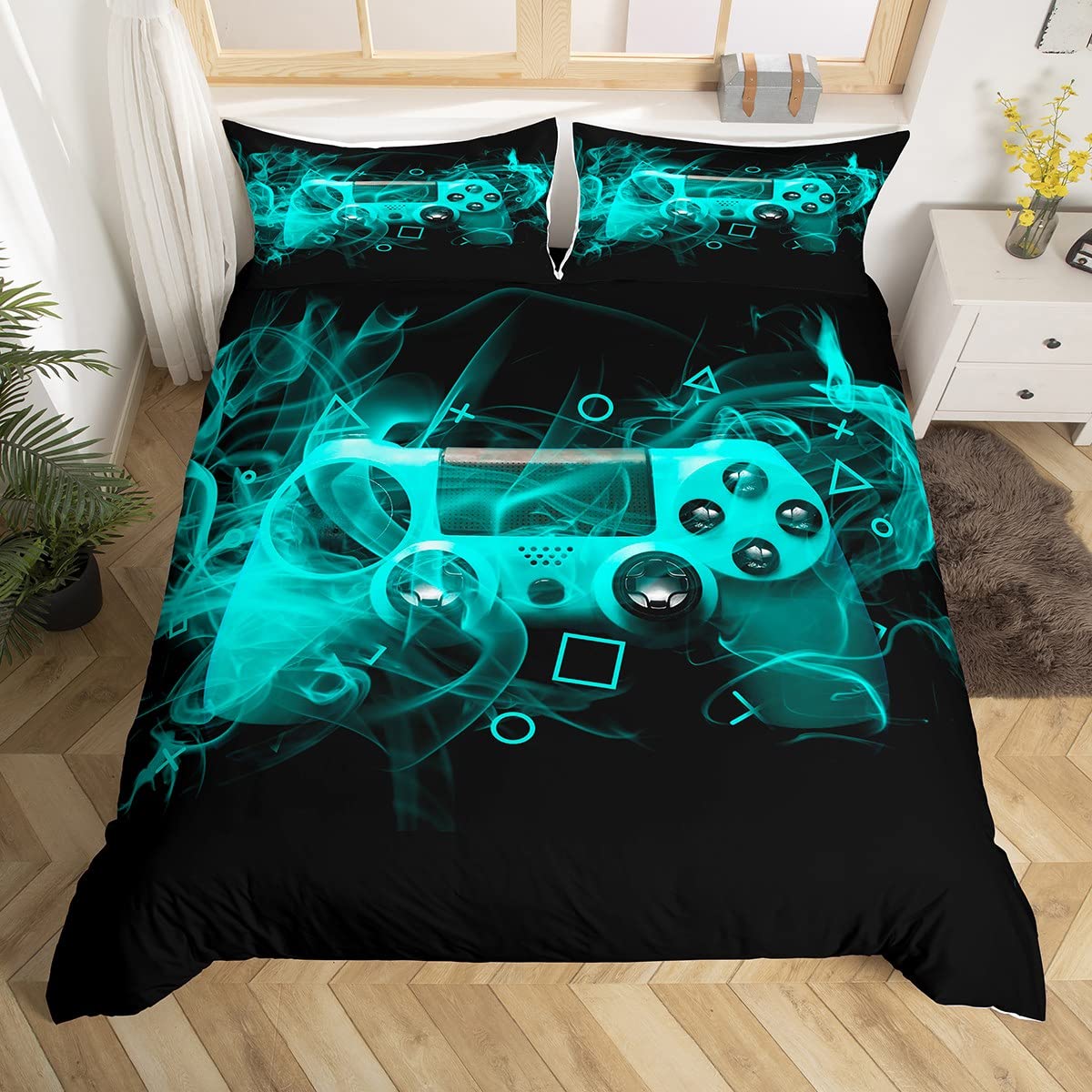 Kids Gamer Duvet Cover Double Size Teens Gamepad Bedroom Decor For Boys Girls Video Game Controller Bedding Set Youth Gaming Console Comforter Cover Blue Black Geometry With 2Pillow Case Zipper — image 1