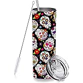 RNFENQS Sugar Skull Skinny Tumblers with Lids and Straws, Stainless Steel Vacuum Insulated Double Wall Travel Tumbler Cups 20 OZ for Men Women