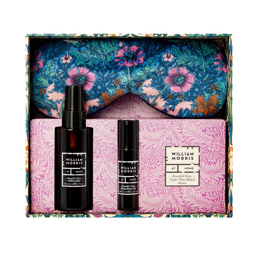 William Morris At Home Pillow Mist 50ml, Pulse Point Oil 10ml, Lavender Filled Velvet Eye Mask, Fragranced, Travel Size, Cruelty and Vegan Friendly, Beauty Gift For Her