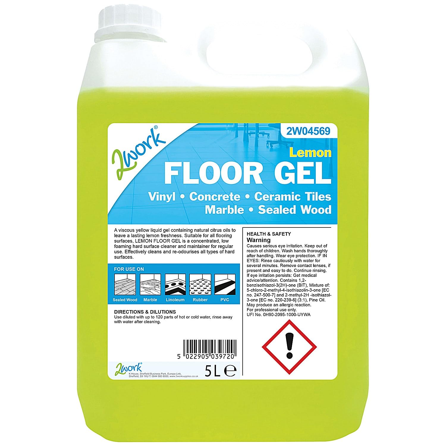 2Work 2W04569 5 L Lemon Floor Gel, Pack of 1