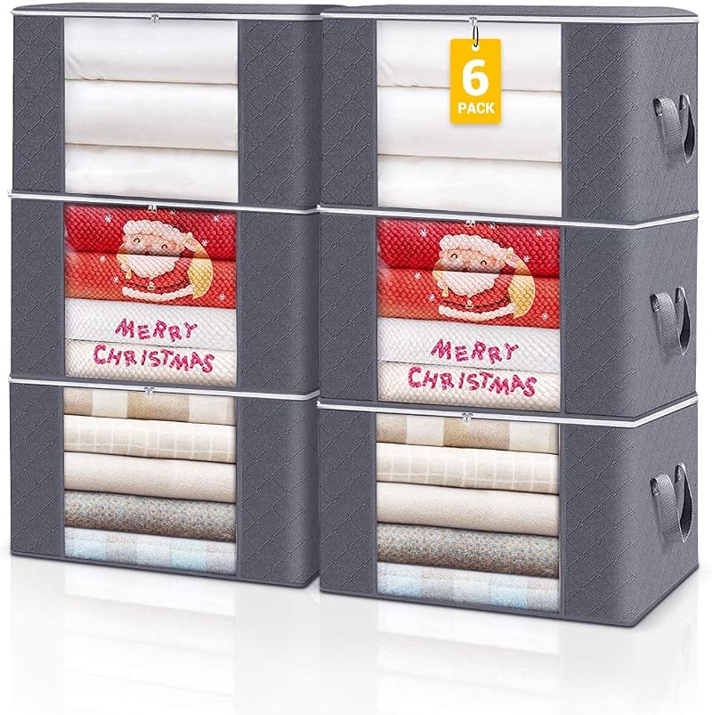 KALAHOL 90L Large Capacity Clothes Storage Bags Set of 6 with Zips Dark Grey