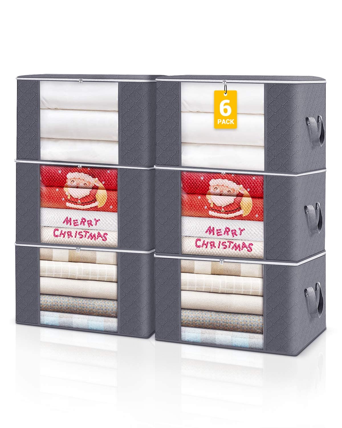 KALAHOL Large Capacity Clothes Storage Bags with Zips, 90L Foldable Clothing Storage Bags Organizer with Reinforced Handle Thick Fabric for Comforters, Clothes, Blankets, Bedding, 6 Pack, Dark Grey