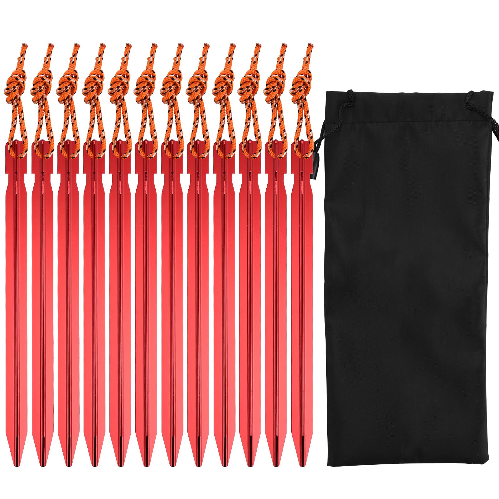 12Pcs Y Shape Aluminum Alloy Tent Stakes, 18cm Triangular Camping Pegs, Red Lightweight Storm Pegs, Metal Tent Pegs With Reflective Rope Storage Bag, Heavy Duty Hiking Rock Pegs for Outdoor Beach