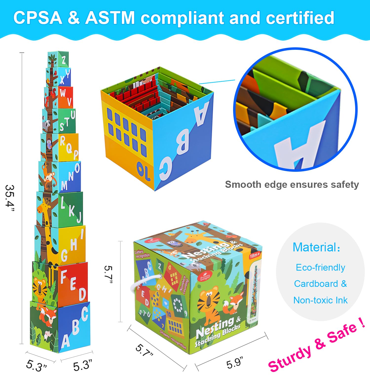 Animal Sorting and Stacking Blocks - Educational ABC & Numbers Toy for Babies and Toddlers - Montessori Learning Tower -10 Nesting Cubes Building Set - Ideal Present for Boys & Girls