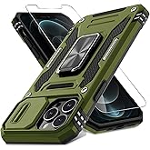 DEERLAMN Case for iPhone 13 Pro Max with Slide Camera Cover+Screen Protector(1 Pack),Rotated Ring Kickstand Military Grade Shockproof Protective Cover 6.7 Inch-Olive Green