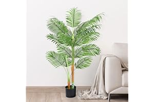 PINPON Artificial Palm Tree 4ft Tall Fake Palm Tree Indoor Decor with 2 Main Trunks Faux Tropical Palm Silk Floor Plant for Modern Living Room Home Office Indoor & Outdoor