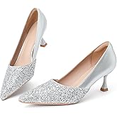 congliji Silver Women's Kitten High Heels 2 Inch Sequin Pointed Toe Leather Pumps Comfortable Slip On Wedding Party Dress Stilettos Shoes Size 8.5