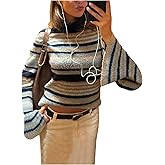 GORGLITTER Women's Turtleneck Neck Cropped Fuzzy Sweater Y2k Striped Bell Long Sleeve Color Block Pullover Sweaters