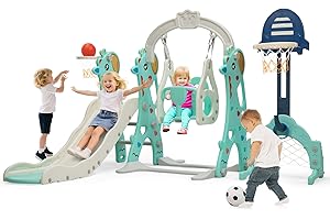 NYEEKOY Neekoy 6-in-1 Toddler Slide and Swing Set for Kids, Toddler Swing with Basketball Hoop, Suitable for Outdoor Indoor Playground for Kids Age 1+, Grey and Green