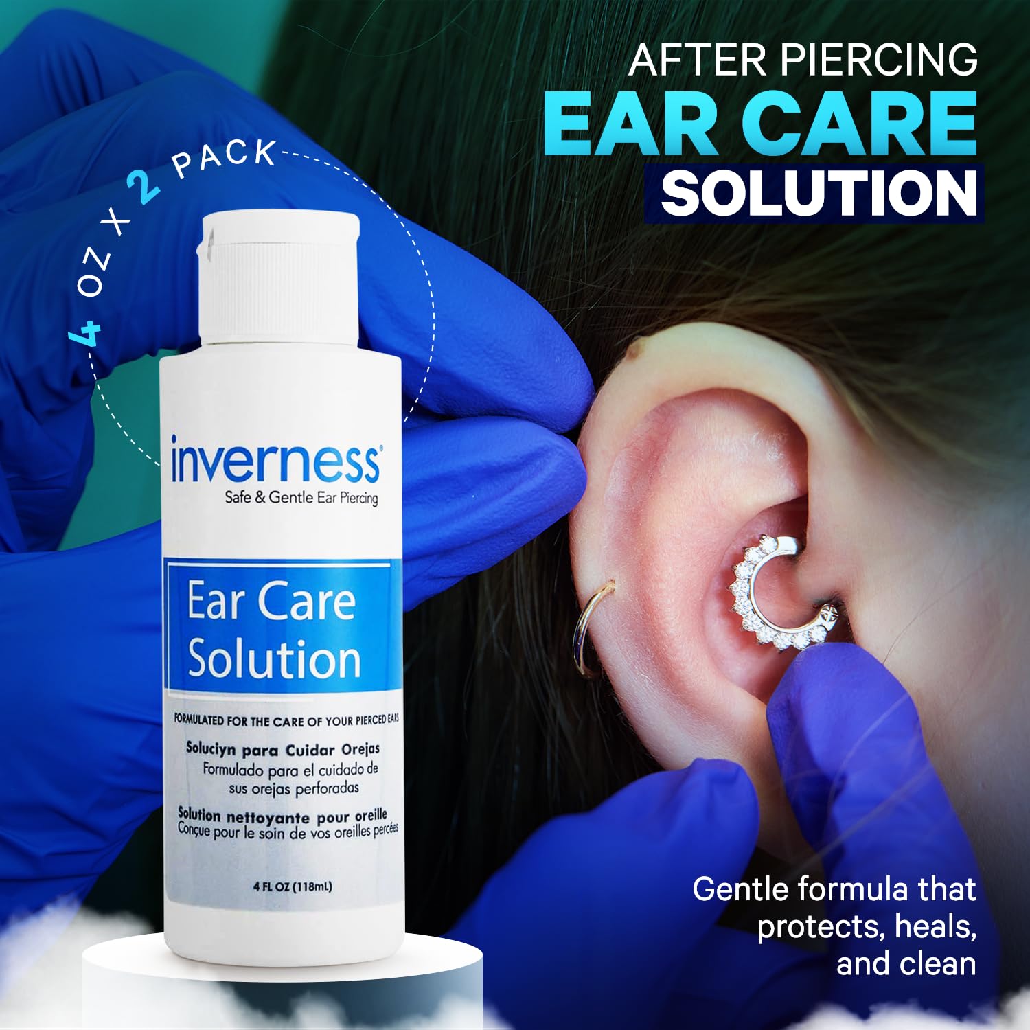 INVERNESS After Piercing Ear Care Solution 4 Oz 2-Pack – Gentle Piercing Care For Newly Pierced Ears