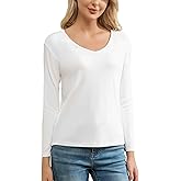 Movocaty Long Sleeve Shirts for Women, V Neck White T Shirts Women Basic Solid T Shirt
