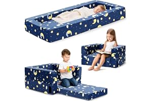 FRUITEAM Toddler Travel Bed, 3-in-1 Portable Kids Sleeper with Moon Star Cloud Print for Camping & Indoor/Outdoor Use | Flip-Open Design with High-Density Foam & Machine Washable Cover - Blue
