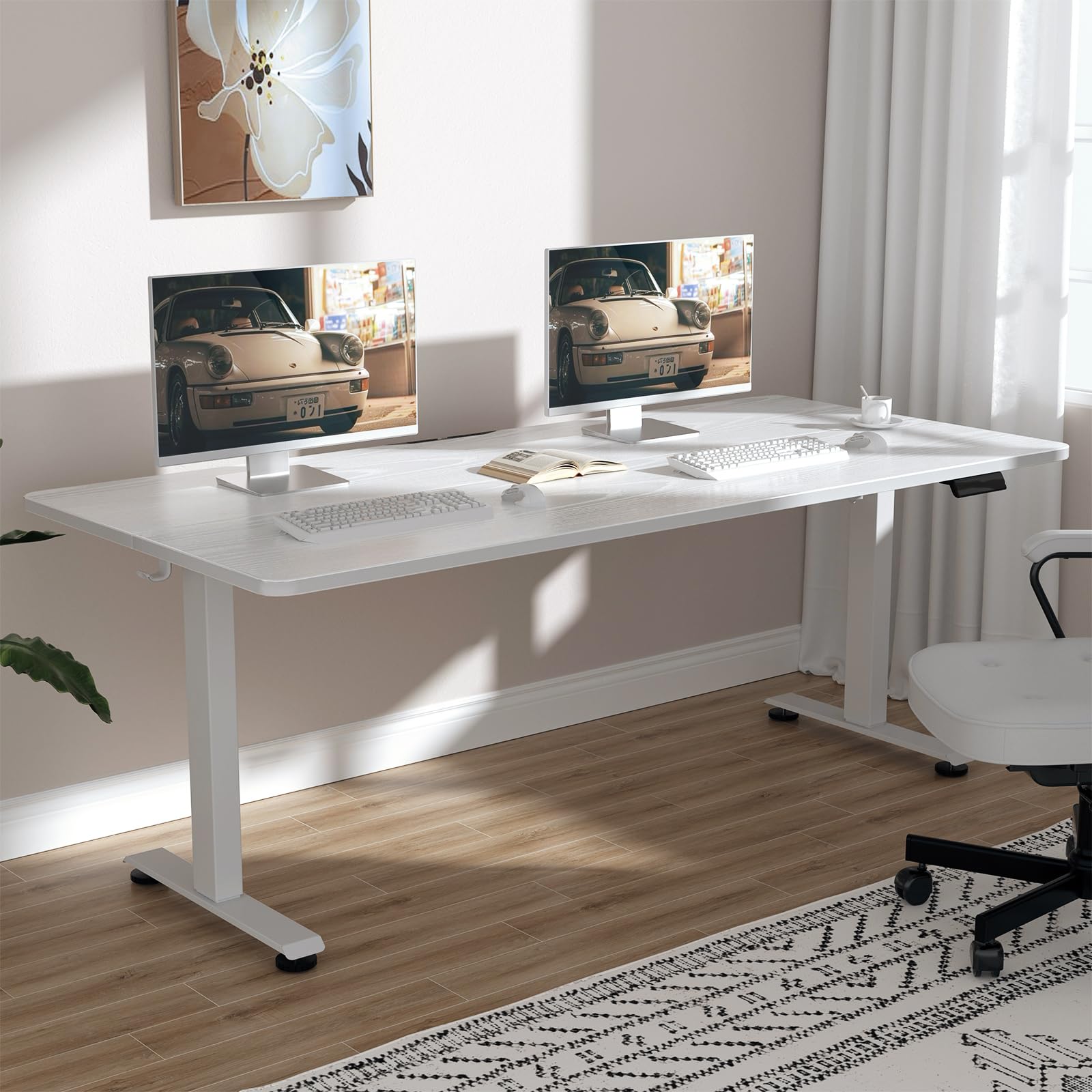 Photo 1 of Veken 63x27.6 Inch Large Electric Standing Desk, Heights Adjustable,Sit to Stand Up, Work Home Office Computer Table for Walking Pad, Gifts for Dad, Wooden Desktop Desks, White