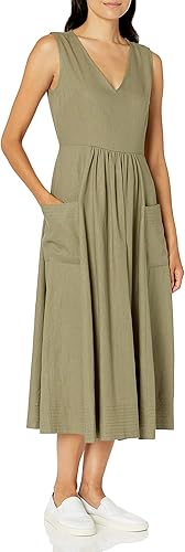 Donna Morgan Women's Sleeveless V-Neck Front Pocket Linen Fit and Flare Midi Dress