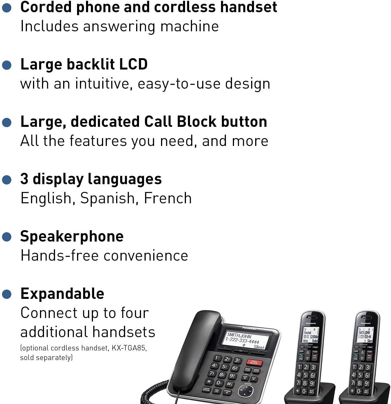 Panasonic Expandable Corded/Cordless Phone System with Answering Machine and One Touch Call Blocking – 2 Handsets - KX-TGB852B (Black) : Office Products