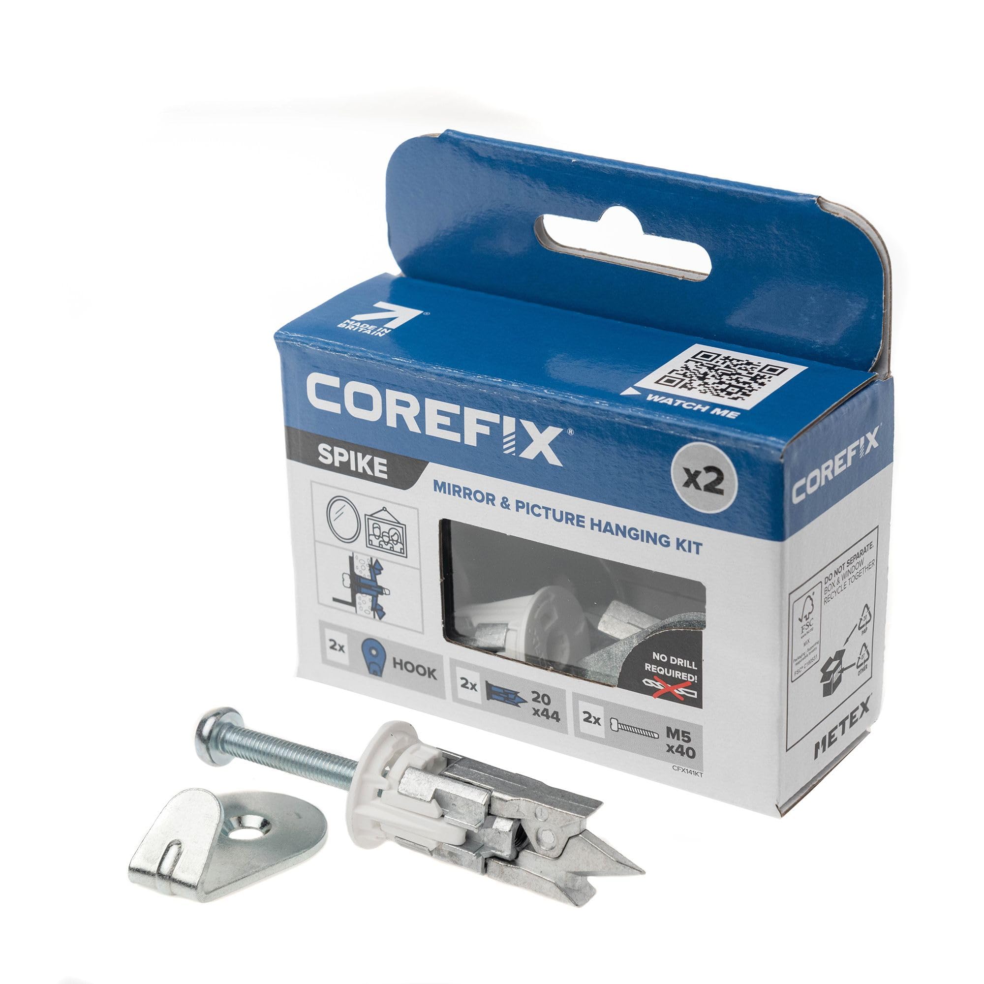 Corefix Spike Mirror/Picture Hanging Kit Pack of 2 - Heavy Duty Plasterboard Fixings with Hooks for Hanging Mirrors Pictures or Canvas. Easy to Install with NO Drill Required.