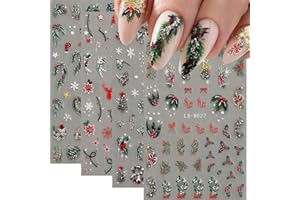 QDSUH Christmas Nail Art Stickers, 5D Embossed Holly Leaf Nail Decals Green Red Winter Leaf Reindeer Snowflake Design Holiday Nail Art Supplies for Women Girls(4Sheets)